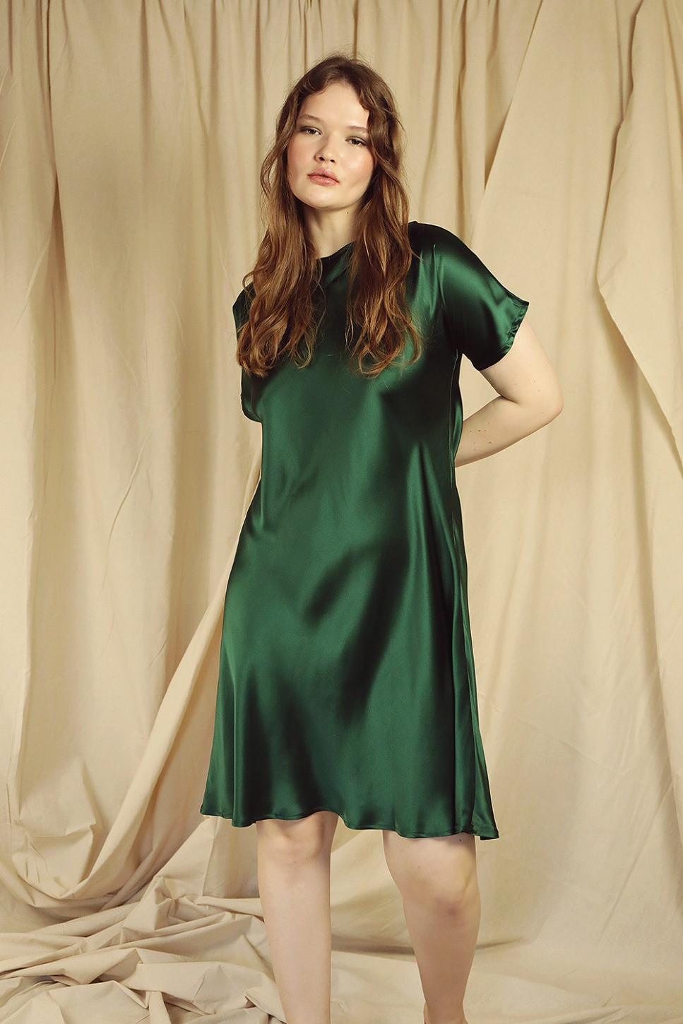OLIVE SILK SATIN DRESS 