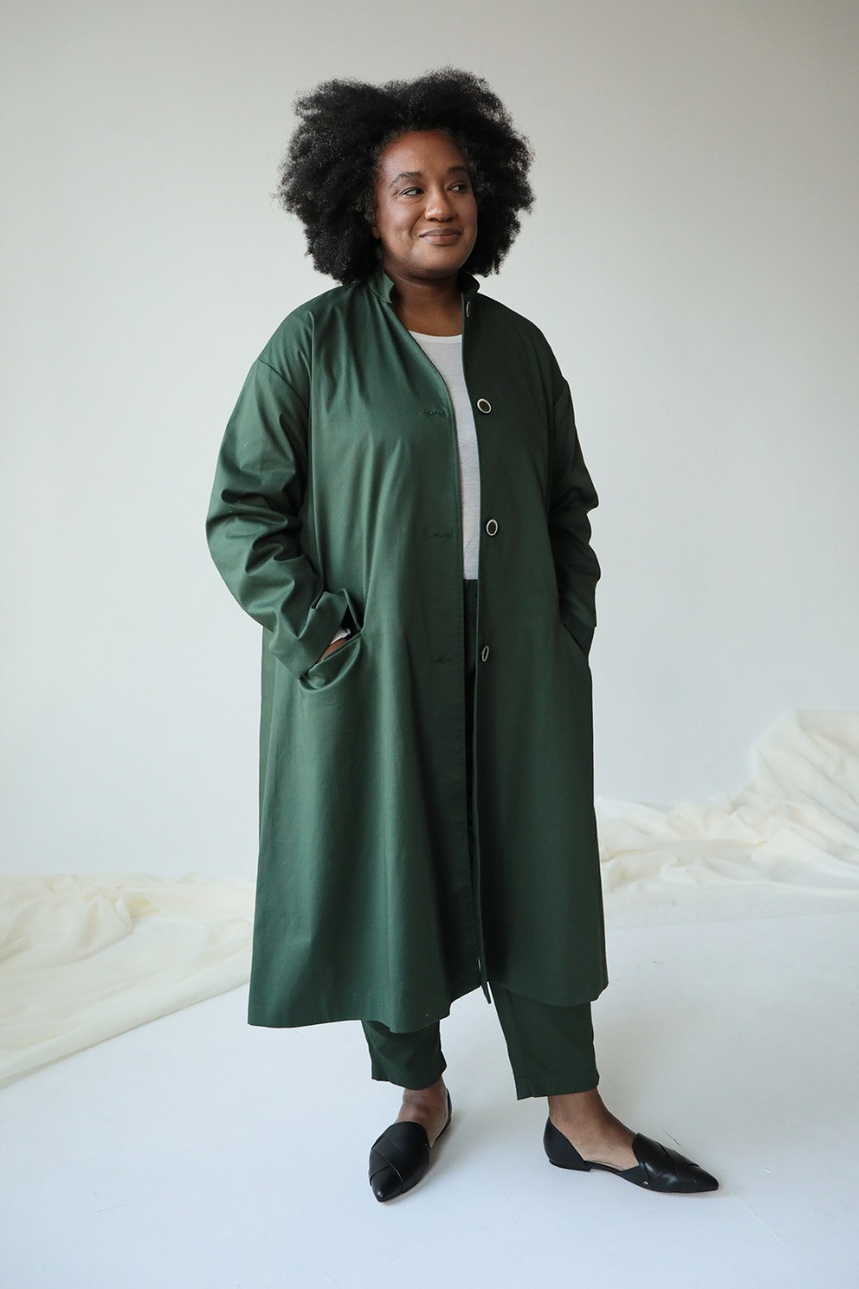 PURE COTTON A-LINE COAT IN SAGE GREEN