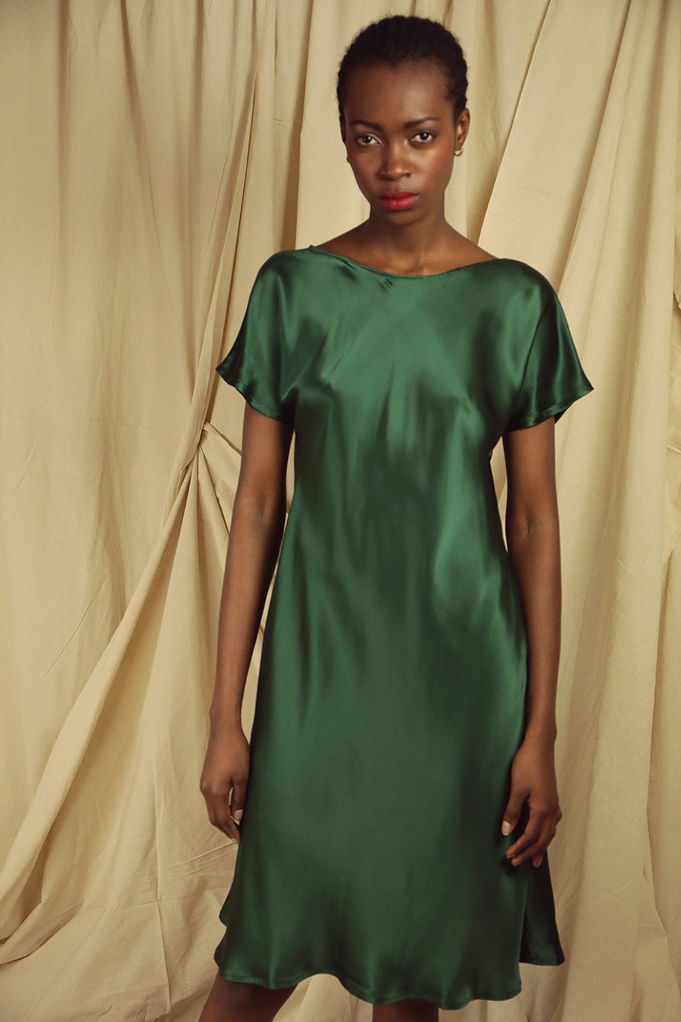 OLIVE SILK SATIN DRESS 