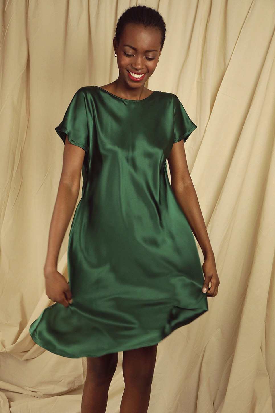OLIVE SILK SATIN DRESS 