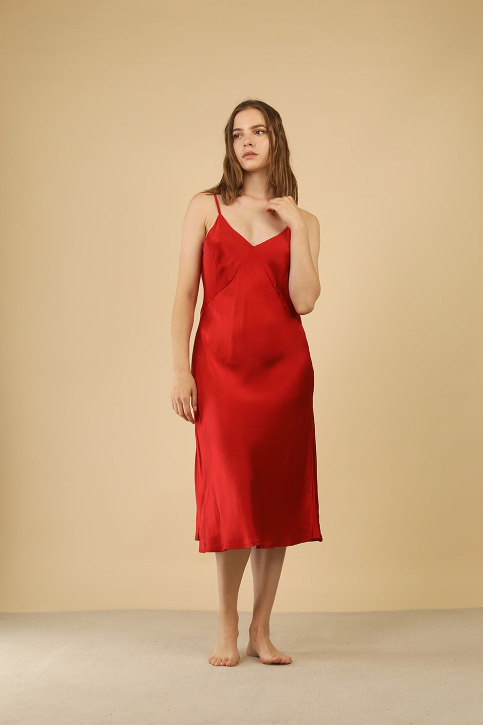 THE RED AUDREY SLIP SILK DRESS LoraGene