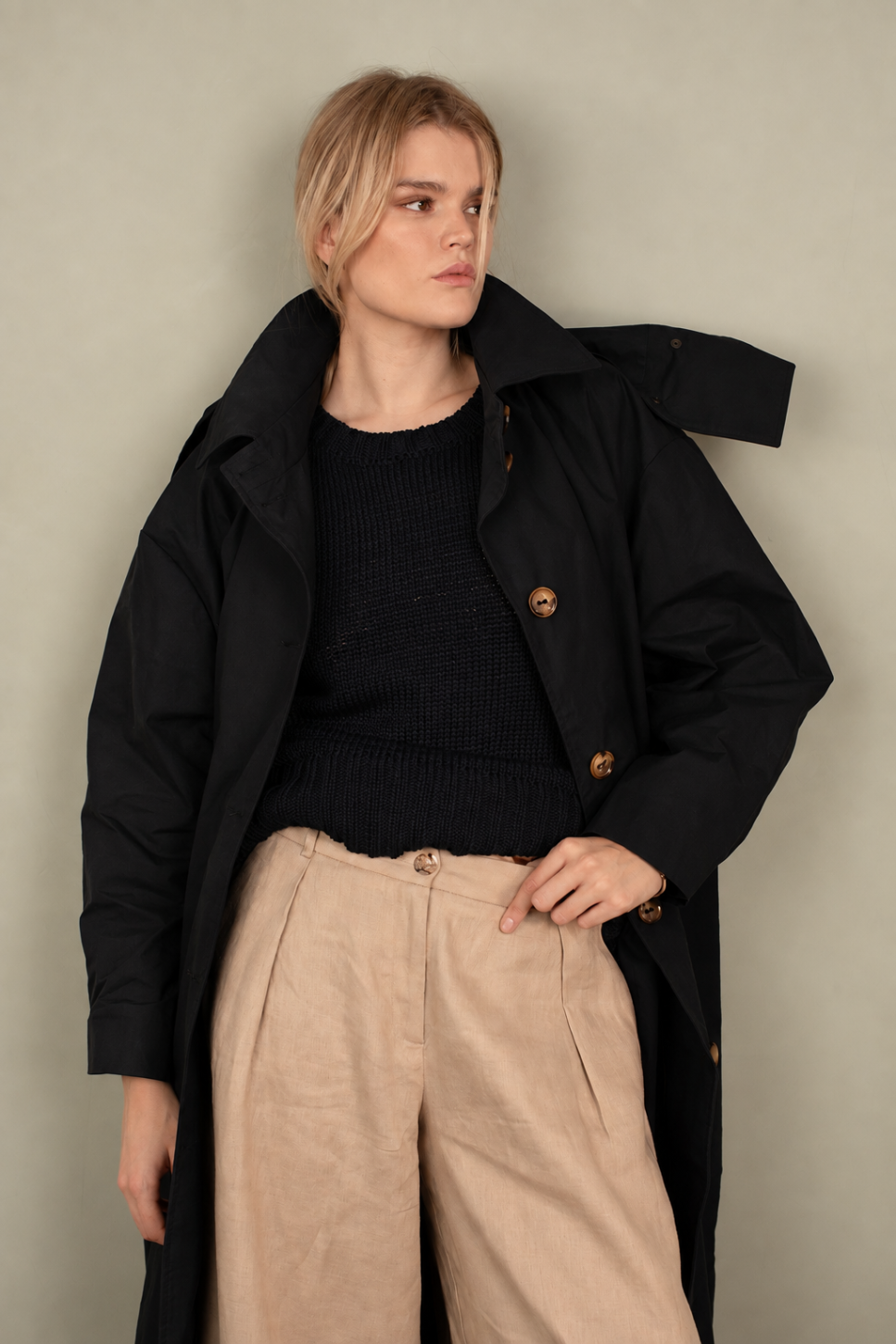 WAXED COTTON ASYMMETRIC RAINCOAT 