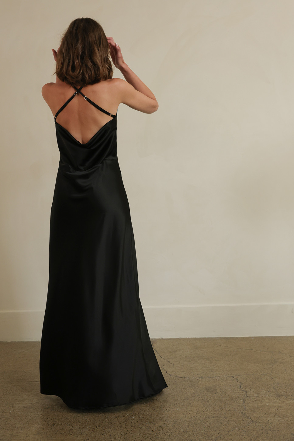 JOLIE BLACK SILK DRESS WITH COWL BACK DETAIL