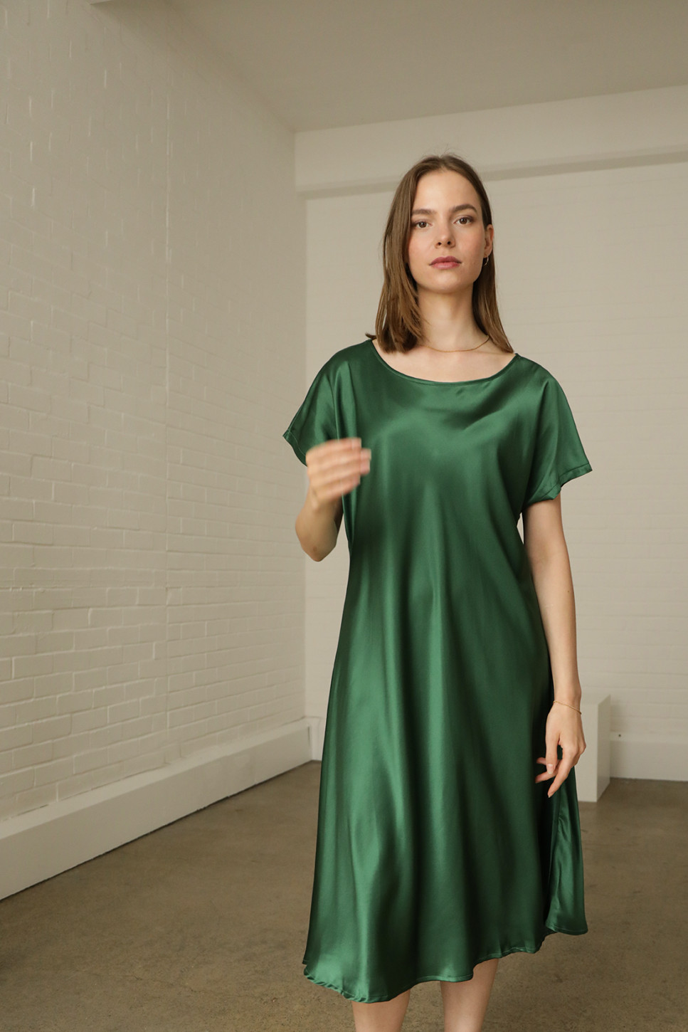 OLIVE SILK SATIN DRESS 