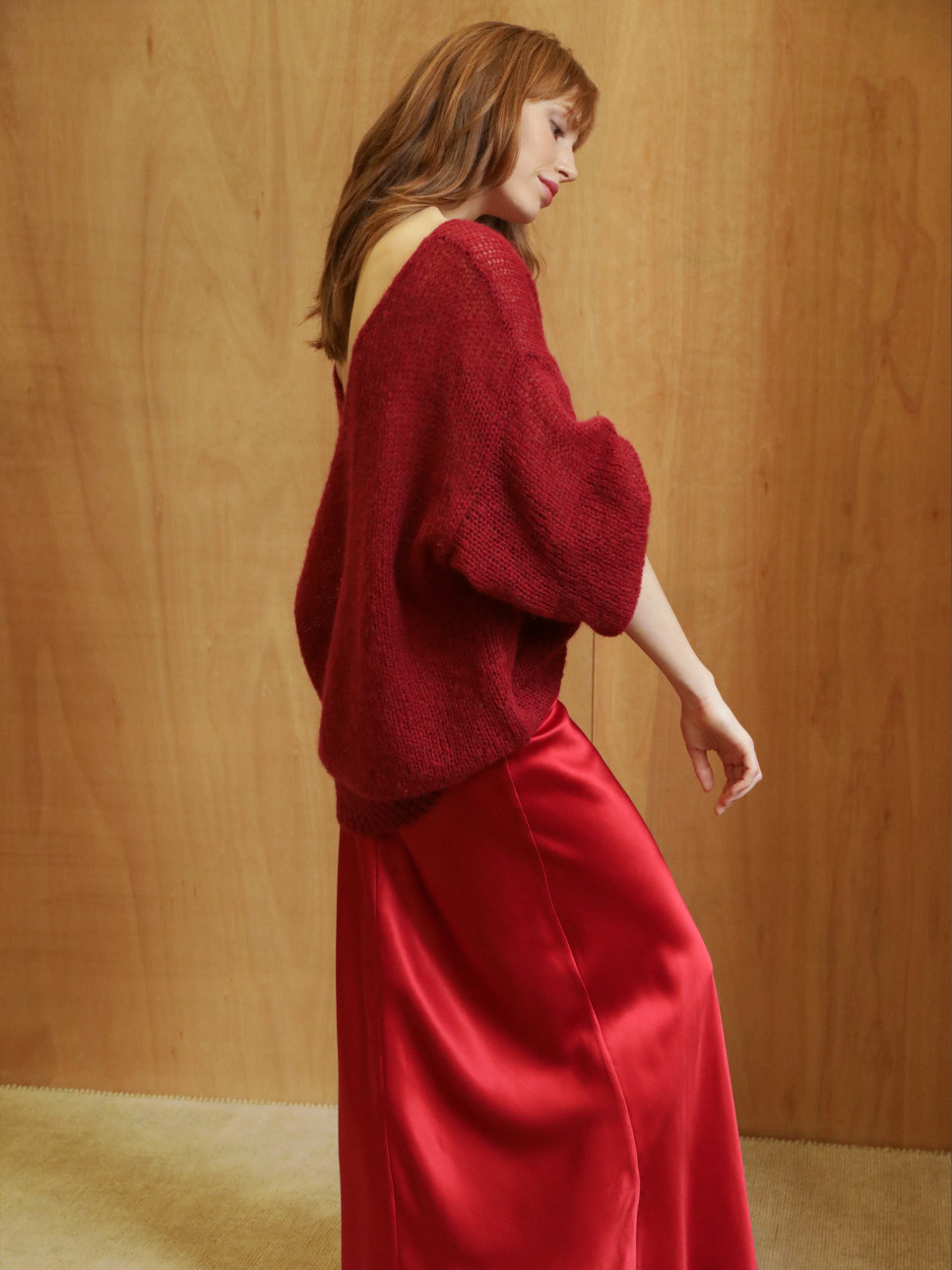 THE RED SANA BIAS CUT SILK SKIRT 
