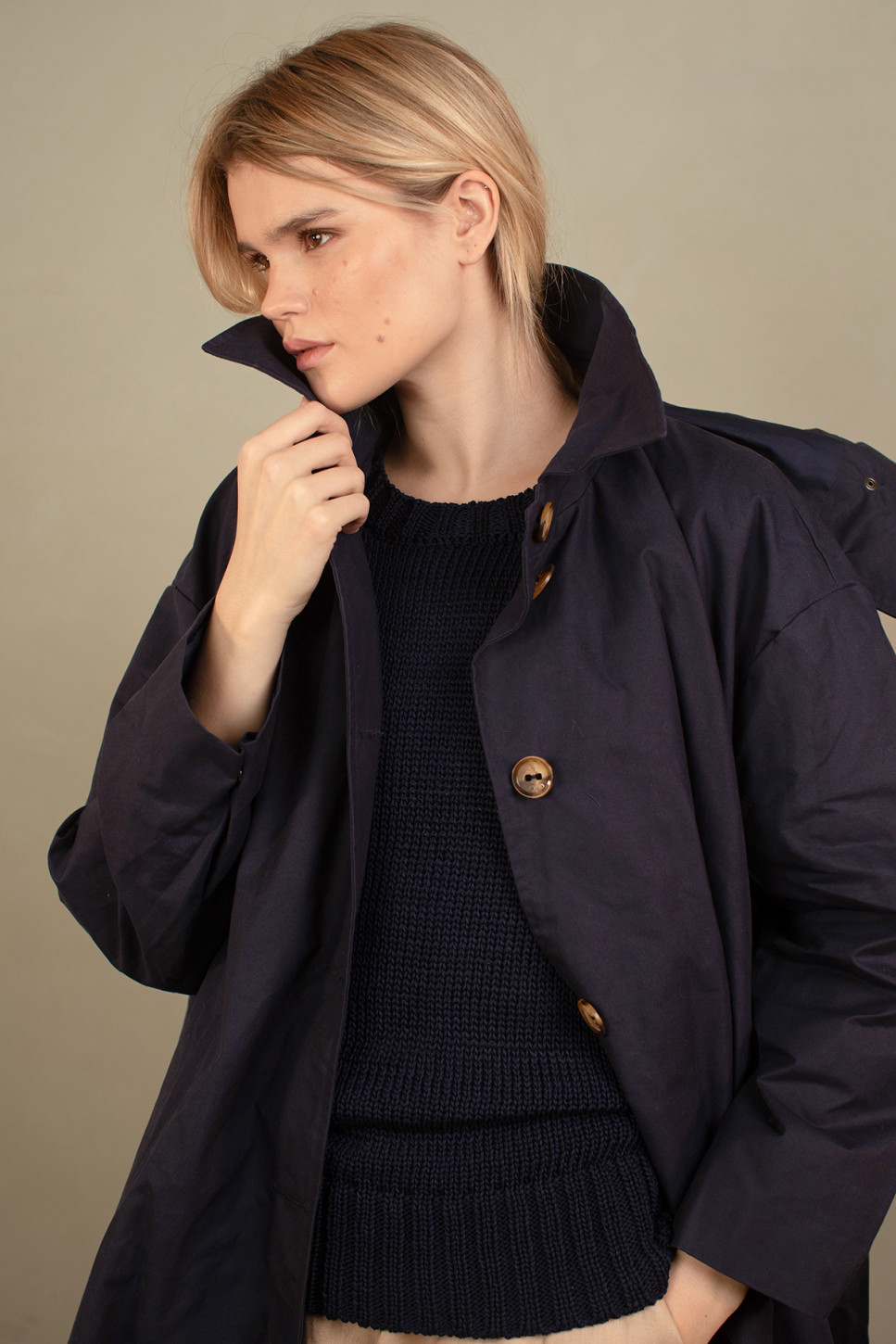 WAXED COTTON ASYMMETRIC RAINCOAT 